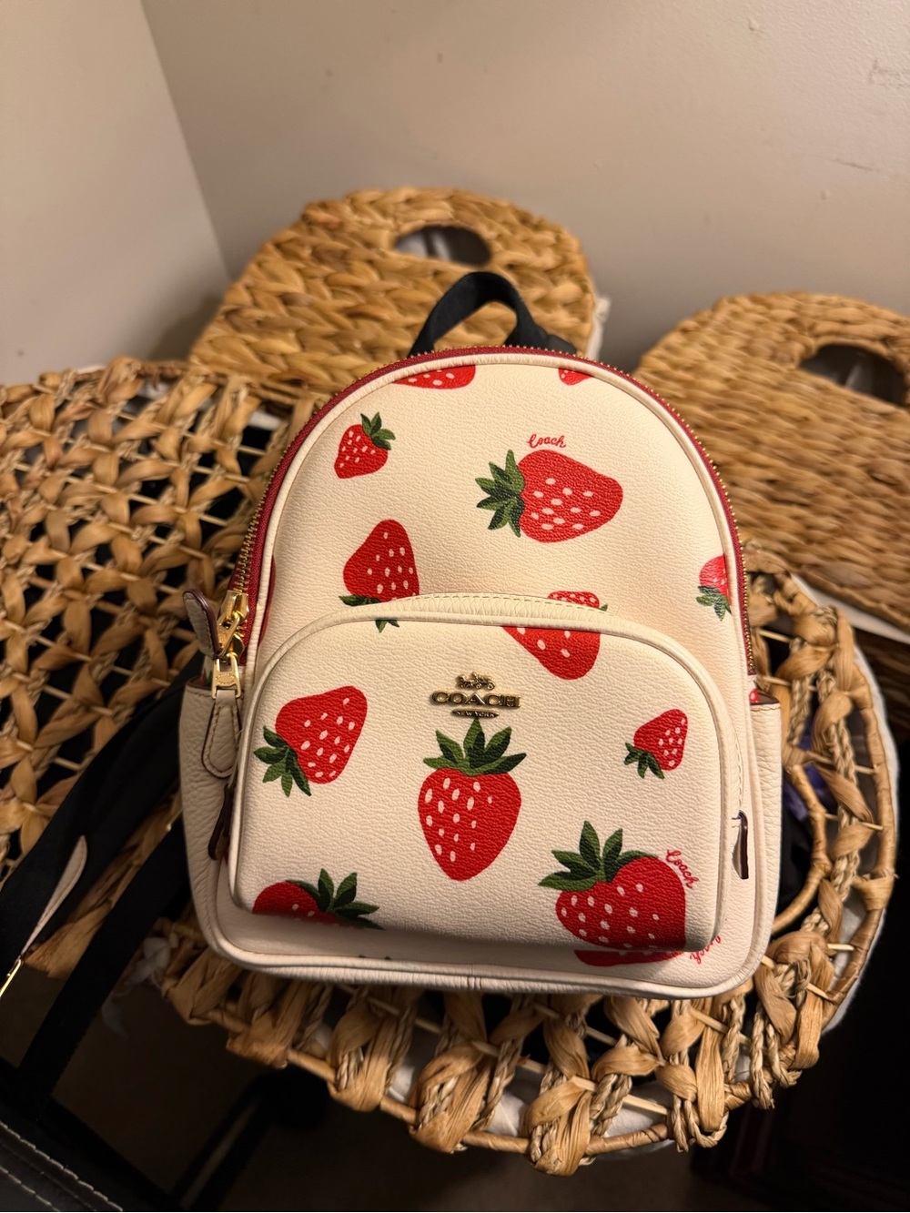 Coach Strawberry Mini Backpack in Cream, Red & Green